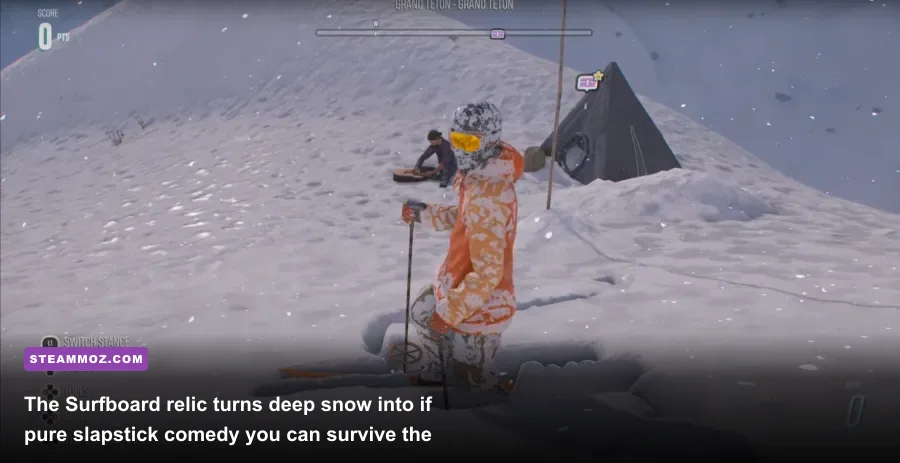 Player character inspecting the secret surfboard relic on the frozen waters of Grand Teton in Riders Republic