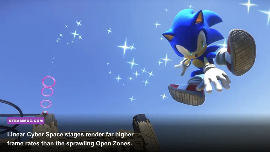 Sonic sprinting through a neon-lit Cyber Space level in Sonic Frontiers