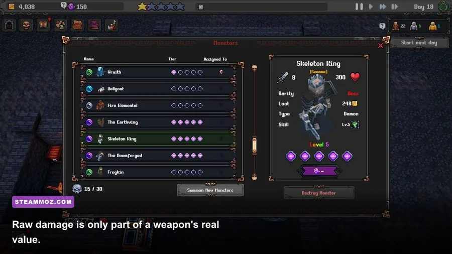 Dungeon Tycoon weapon inventory showing damage speed and critical statistics