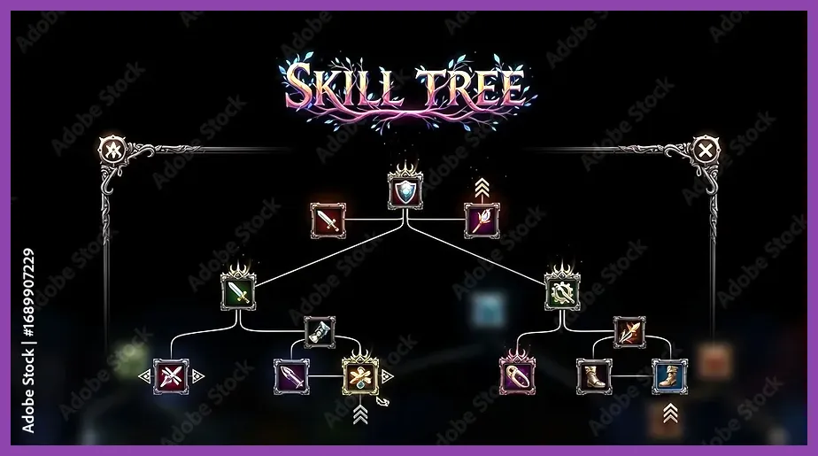 In-game RPG skill tree menu displaying various node unlocks