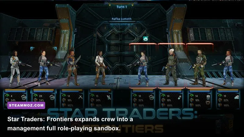 Star Traders Frontiers crew operating a starship bridge during tactical combat