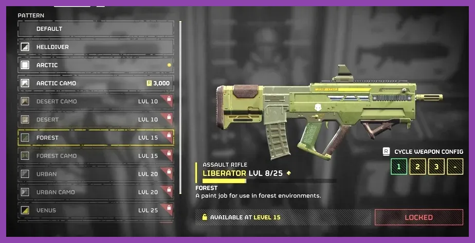 Helldivers 2 various weapons and equipment in the armory