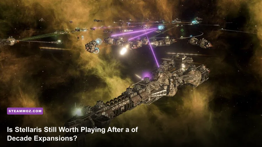 Epic space battle in Stellaris with Titan class ships and laser fire