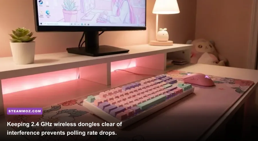 Matching pink wireless gaming mouse and mechanical keyboard on a desk