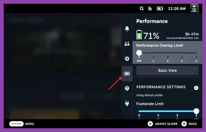 Steam Deck OLED power management menu for sustained performance