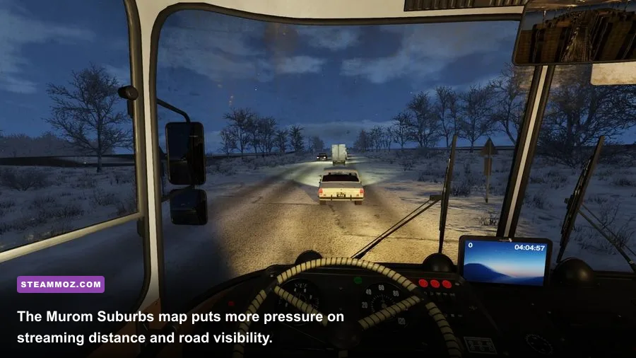 Bus Driver Simulator Murom Suburbs gameplay showing a bus on a rural suburban route