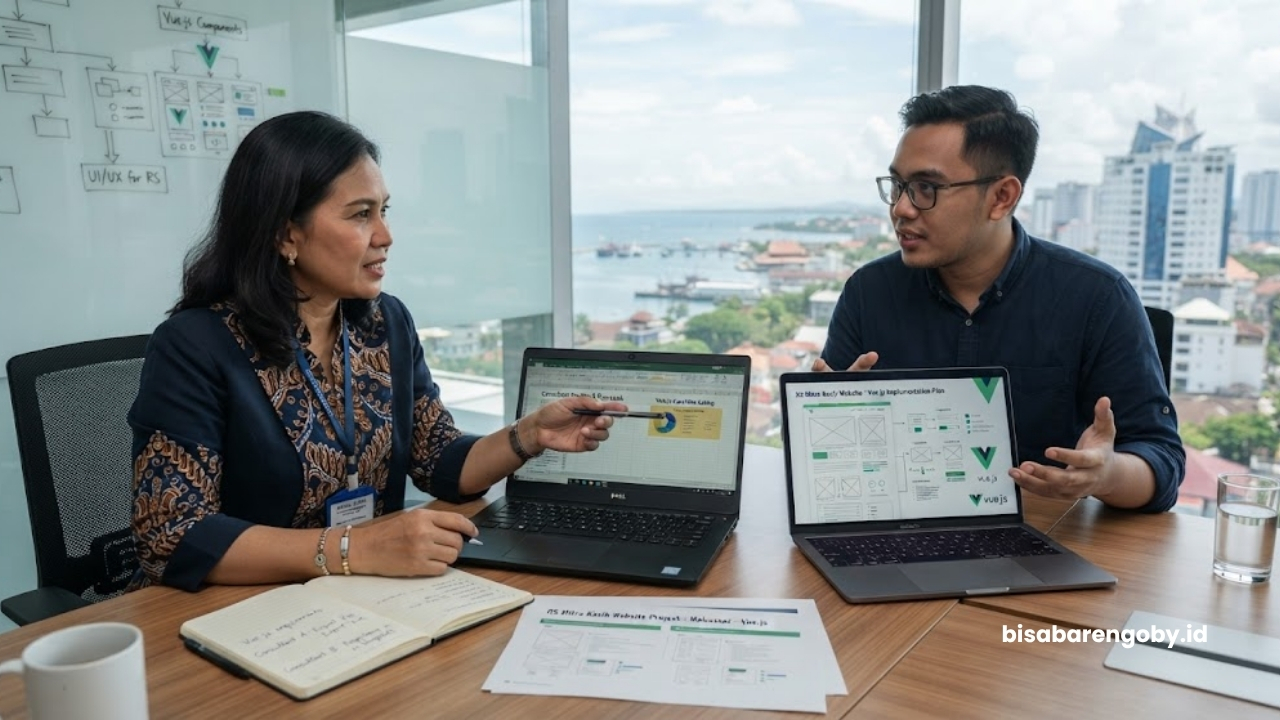 Manajer operasional berdiskusi dengan pakar IT saat mencari konsultan website rumah sakit untuk perusahaan di Makassar berbasis Vue