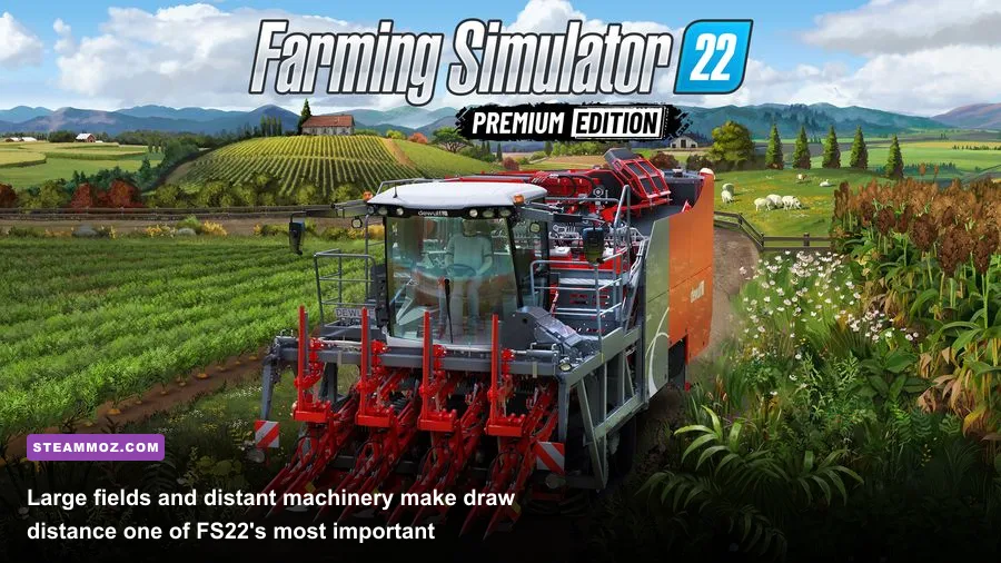 Farming Simulator 22 tractor gameplay across a large field on PC