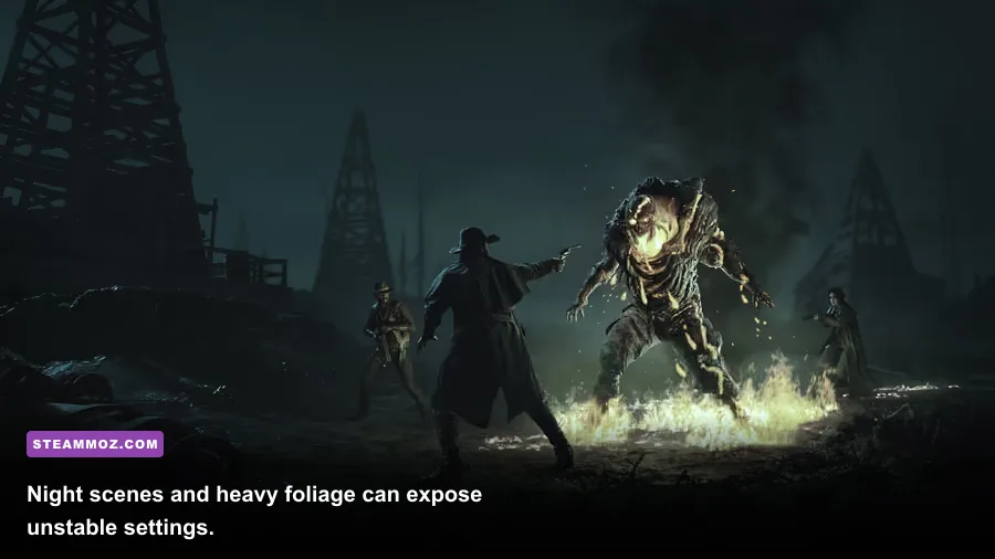 Hunt Showdown 1896 night bayou match with volumetric lighting and shadows