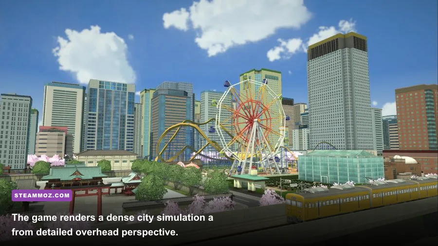 A-Train All Aboard Tourism city builder view with rail network and buildings