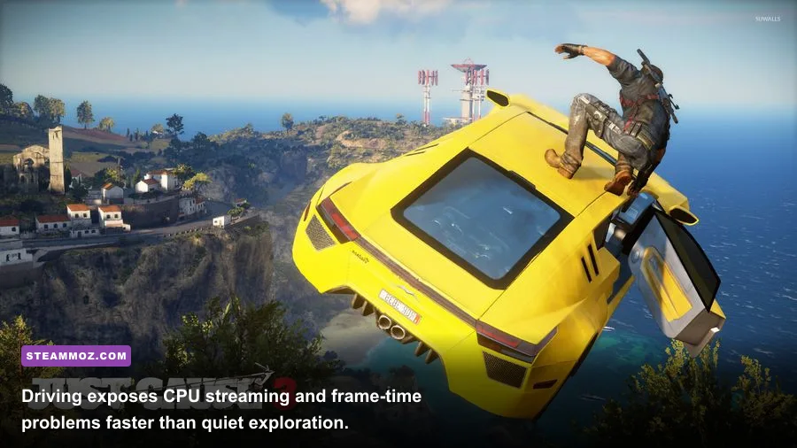 A high-speed vehicle chase on a Panau road in Just Cause 3