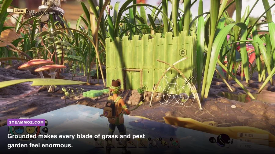 Grounded backyard survival base with a player fighting a spider