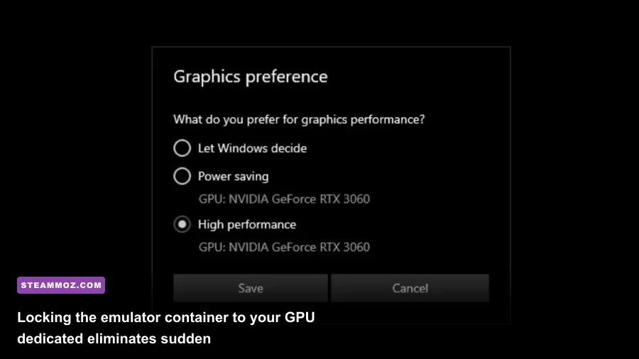 Windows graphics preference settings allocating high performance GPU to Google Play Games