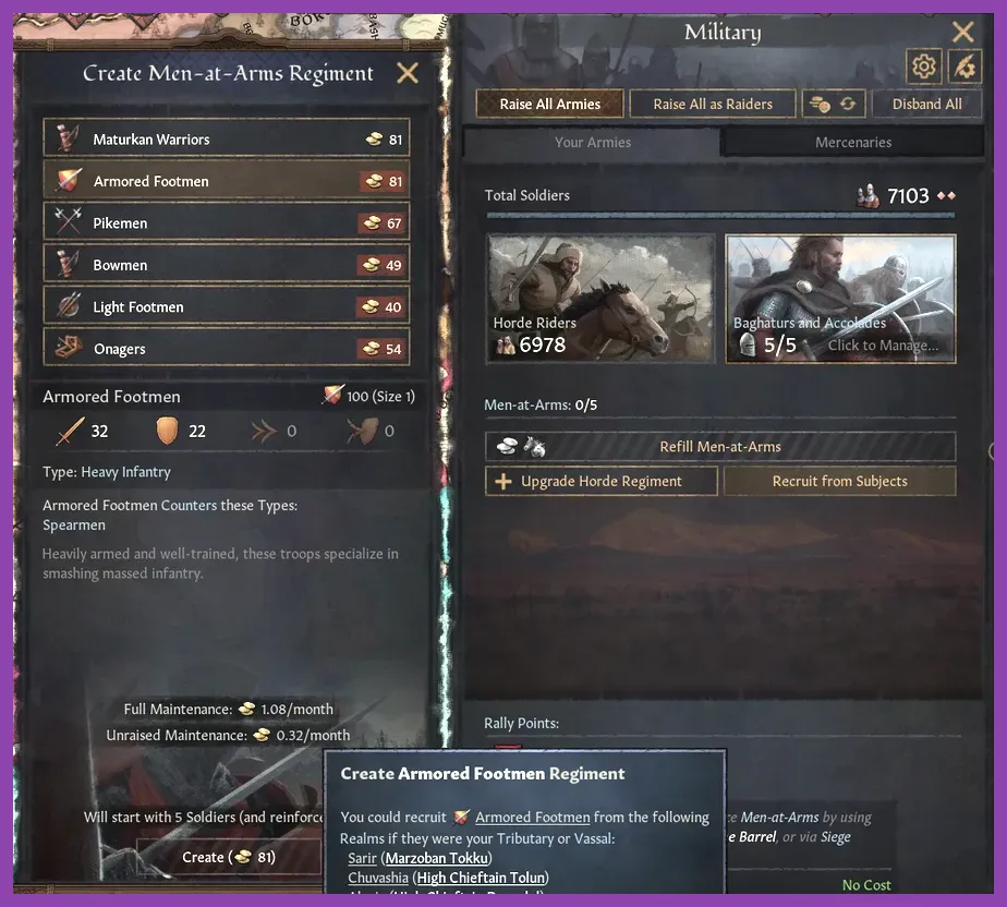 Crusader Kings 3 men-at-arms recruitment screen showing armored footmen pikemen and crossbowmen