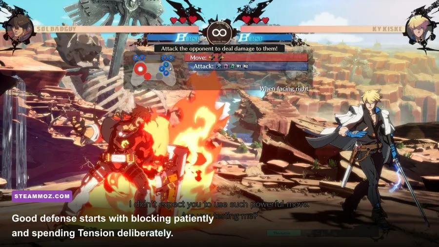 Guilty Gear Strive fighter using Faultless Defense against close pressure