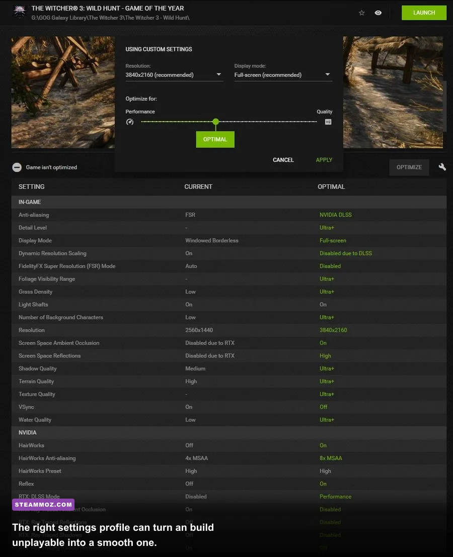 PC graphics settings menu with DLSS FSR ray tracing and texture quality options