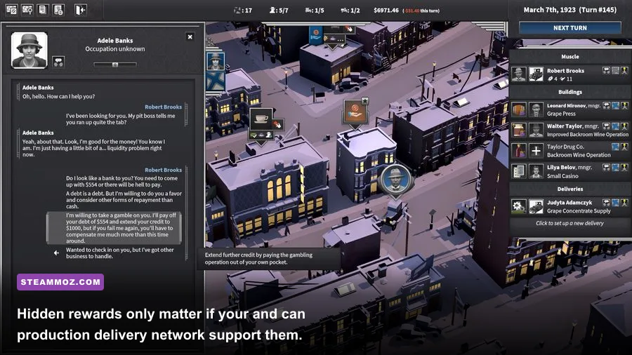 Bootlegging supply chain with warehouses, delivery routes, and businesses in City of Gangsters