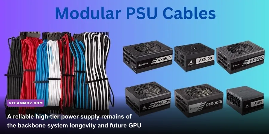 Gold-rated modular power supply unit with clean black sleeved cables inside a PC chassis basement