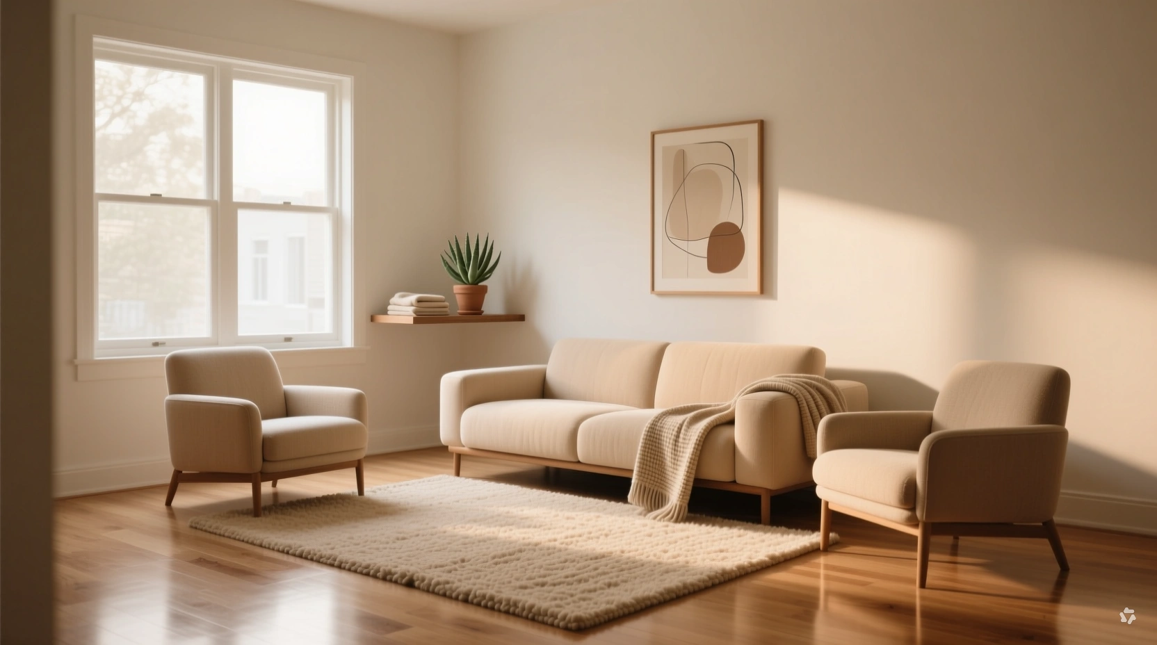 small living room with a properly sized rug anchoring the sofa and chairs