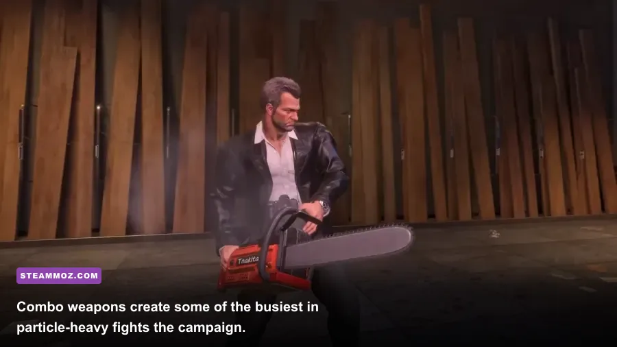 Frank West using a combo weapon against zombies in Dead Rising 4