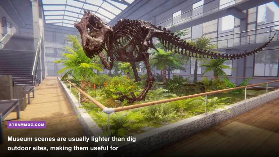 Dinosaur Fossil Hunter museum interior with assembled dinosaur skeleton
