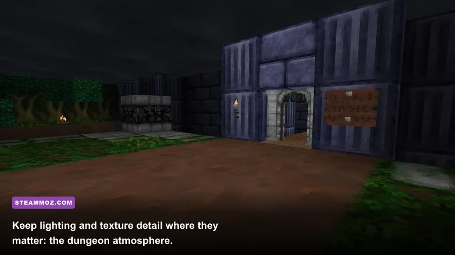 Torch-lit Barony dungeon corridor with voxel-inspired retro graphics