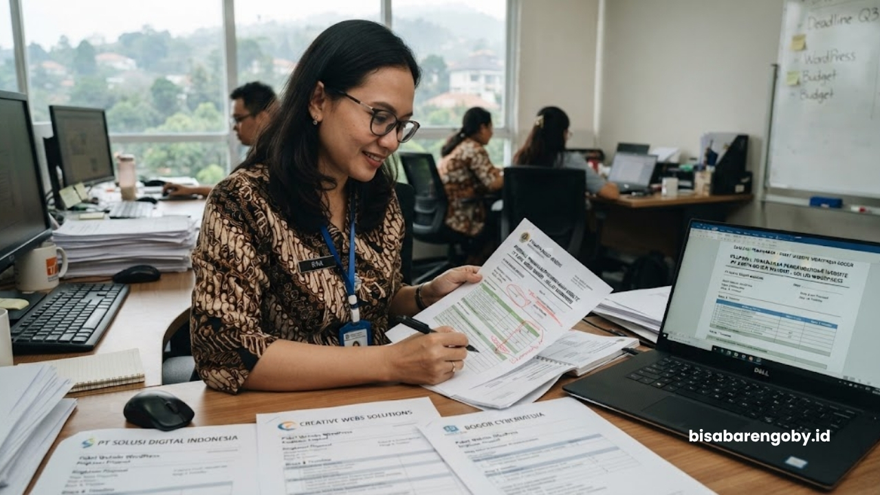 Manajer pengadaan mengevaluasi dokumen penawaran saat menyeleksi paket website untuk perusahaan di Bogor berbasis WordPress