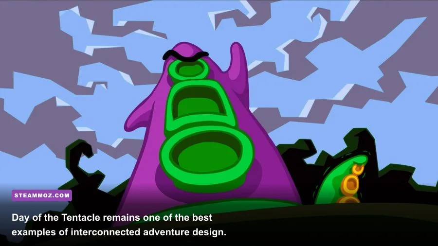 Purple Tentacle and the mansion in Day of the Tentacle Remastered