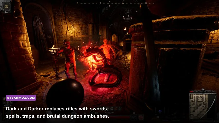 Dark and Darker fighter exploring a torchlit dungeon in the Ruins