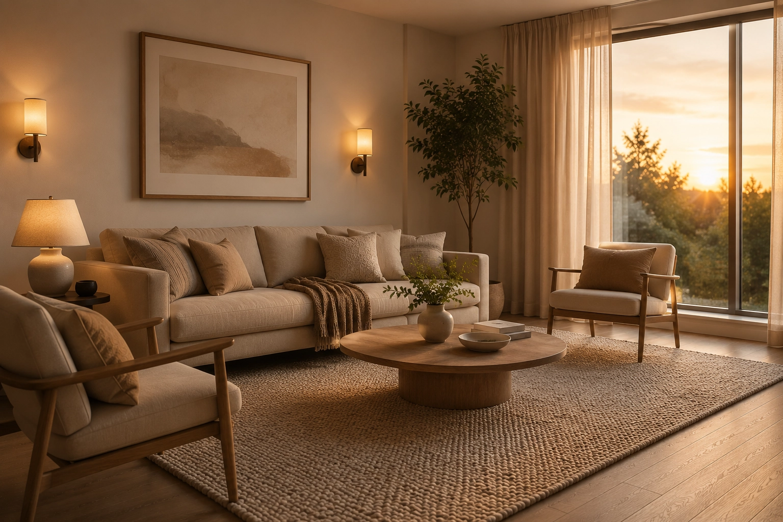 Living room rug placement diagram showing furniture legs positioned on and around an area rug
