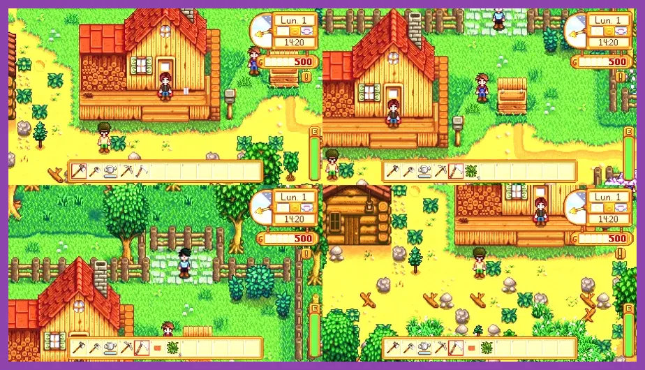 Stardew Valley multiplayer session with multiple players on screen