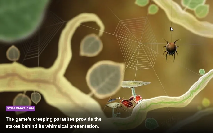 Botanicula black parasites threatening the tree in a story gameplay scene