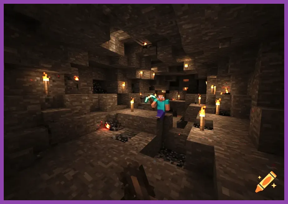 Player mining iron ore in a dark cave in Minecraft PE
