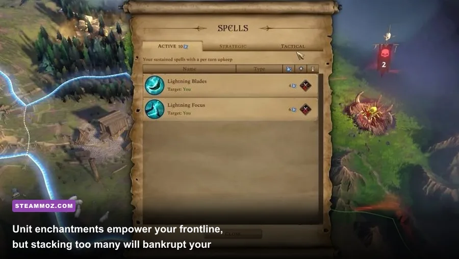 Spellbook overview detailing active unit enchantments and mana upkeep in Age of Wonders 4