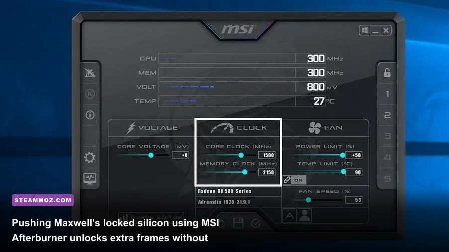 MSI Afterburner software panel displaying GPU core clock, memory clock offsets, and fan speed curves