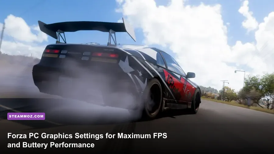 High performance sports car drifting across an asphalt highway in Forza PC