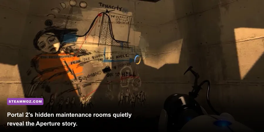 Portal 2 Rat Man den hidden room covered in graffiti