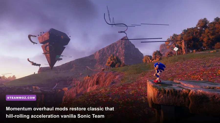 Sonic launching into the air after sprinting down a steep hill on Ares Island