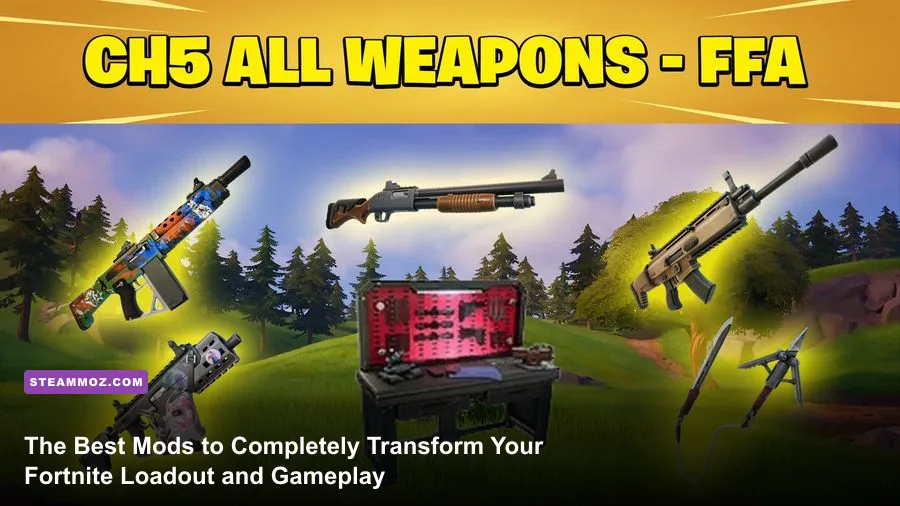 A player customizing a weapon at a Fortnite Mod Bench inside a bunker vault