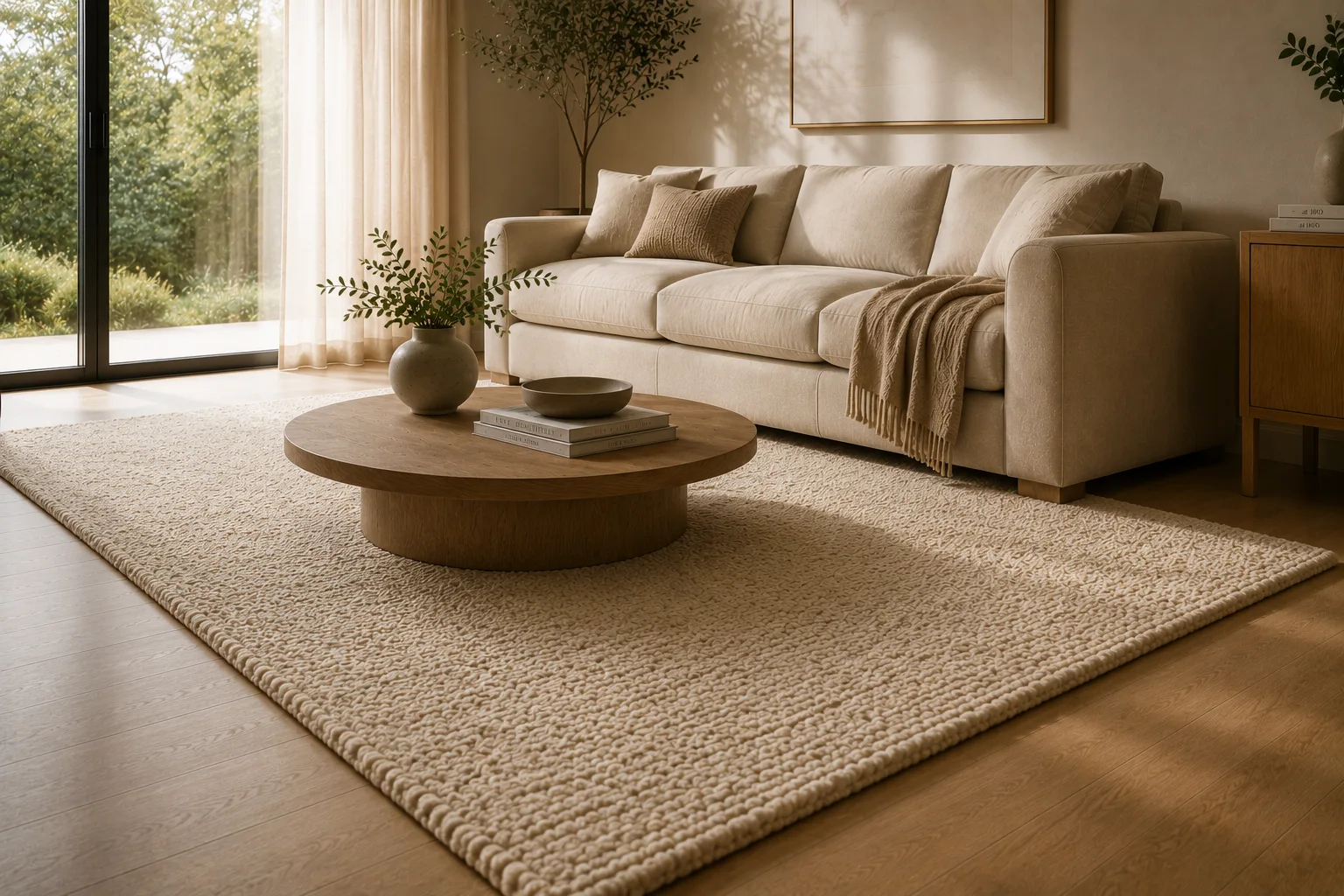 Large textured area rug anchoring a sofa and coffee table arrangement seamlessly