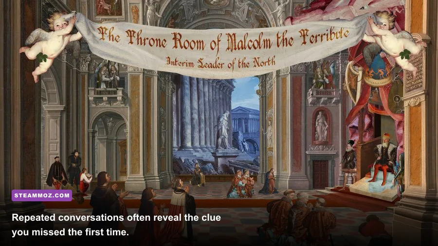 Death of the Reprobate NPC dialogue scene in the painted medieval setting