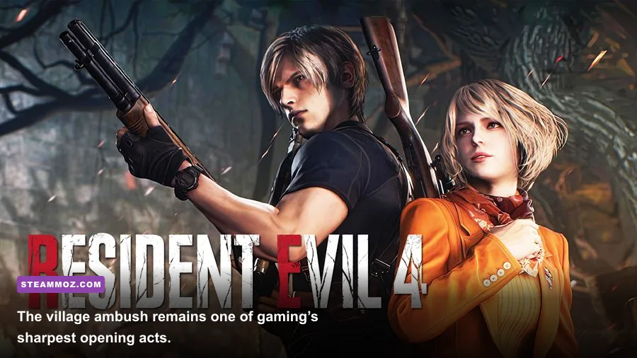 Leon Kennedy battling Ganados around the village square in Resident Evil 4 remake