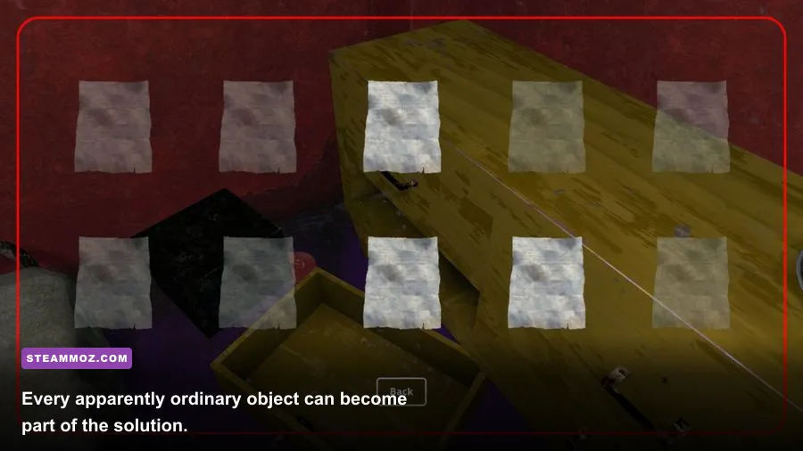 Crimson Room Decade gameplay showing puzzle objects inside the room