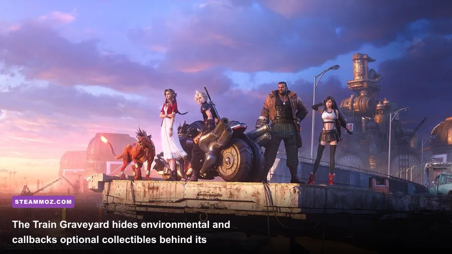 Aerith and Cloud exploring the haunted Train Graveyard in Final Fantasy VII Remake