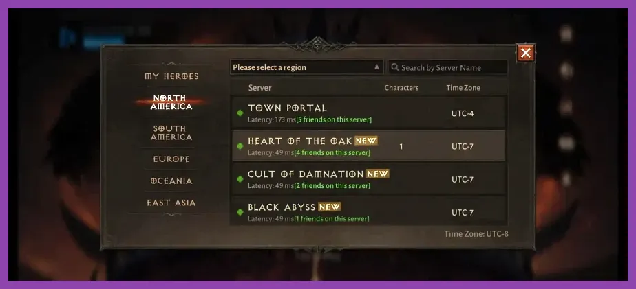 Diablo Immortal server choice screen detailing regional server names