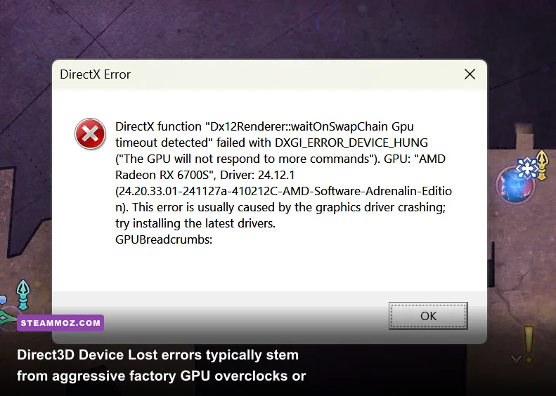 Desktop screen displaying a DirectX error dialog and crash reporter window