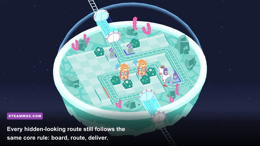 Cosmic Express gameplay showing tracks connecting a train with aliens and a station