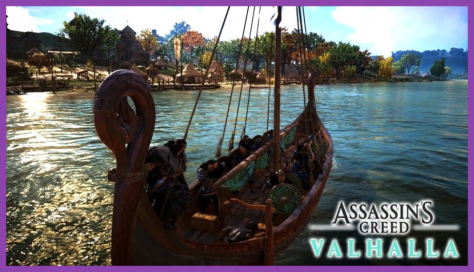Viking longship approaching a monastery during a raid in Valhalla