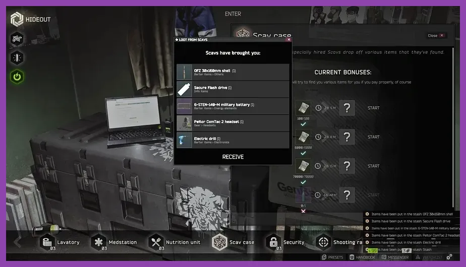 Scav Case hideout module interface in Escape from Tarkov
