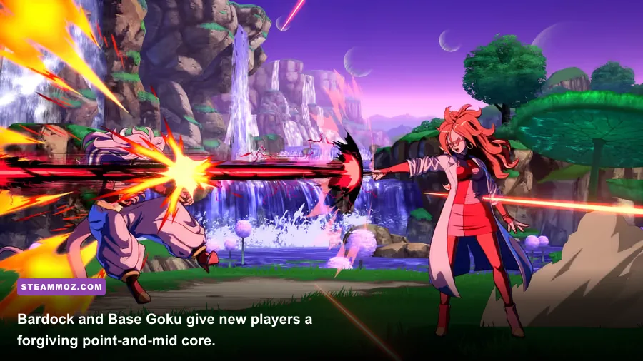 Bardock Base Goku and Android 21 fighting together in Dragon Ball FighterZ
